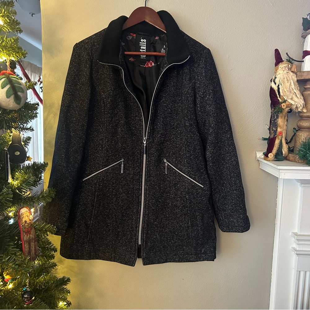 Details Intl. Salt & Pepper Grey Full Zip Jacket Ribbed Collar Large